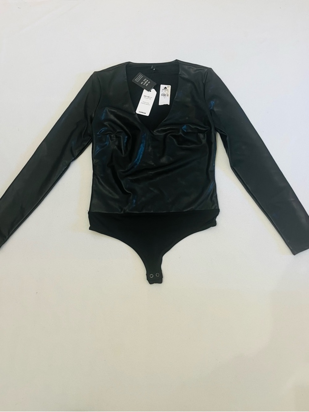 Express Faux Leather V-Neck Black Bodysuit Top - Picture 2 of 5